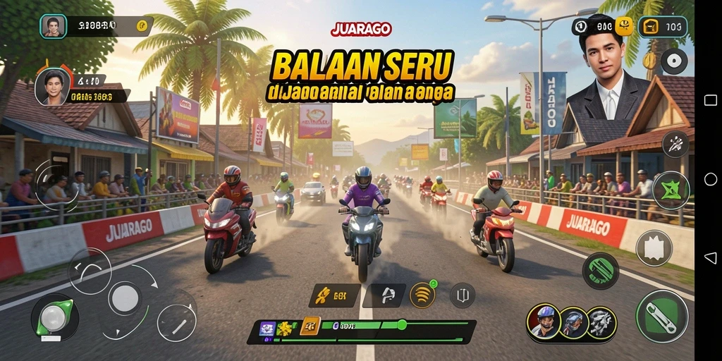 Gambar menunjukkan aksi balapan cepat di JUARAGO dengan banyak kendaraan.