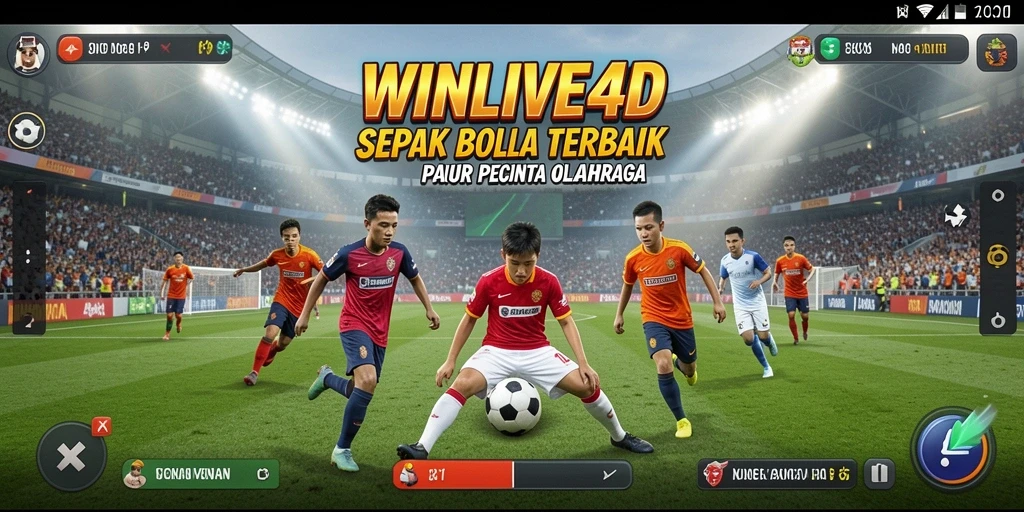 Screenshot utama WINLIVE4D menampilkan aksi sepak bola yang penuh semangat.